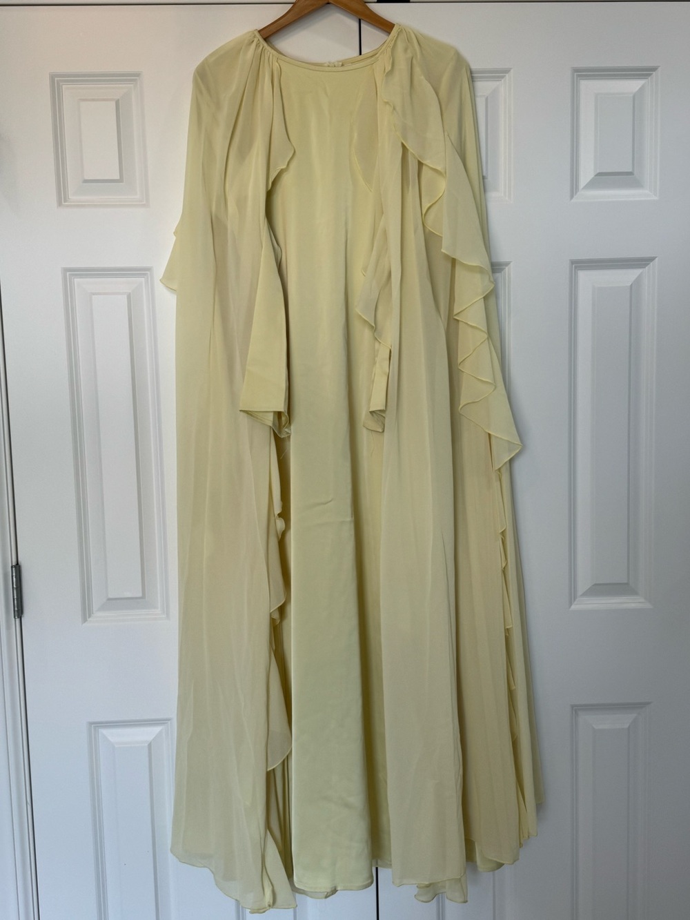 light yellow floor-length maxi dress dramatic cascading ruffles cape size medium